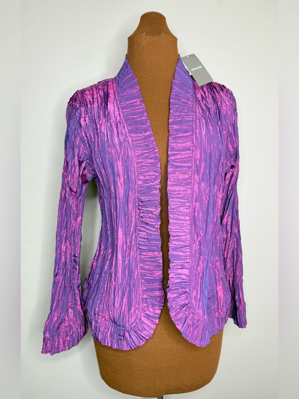 NWT Chico’s Translucent Purple Pink Open Front Royal Ruffle Jacket Size Medium